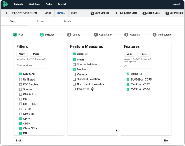 Select your features in export stats task