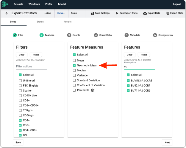 Select your features in export stats task