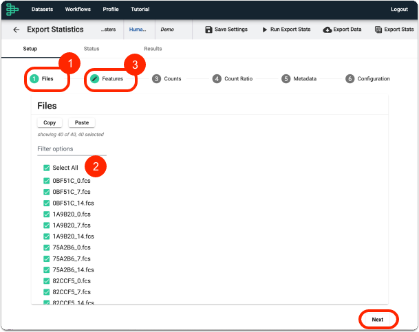 Select your Files in export stats task